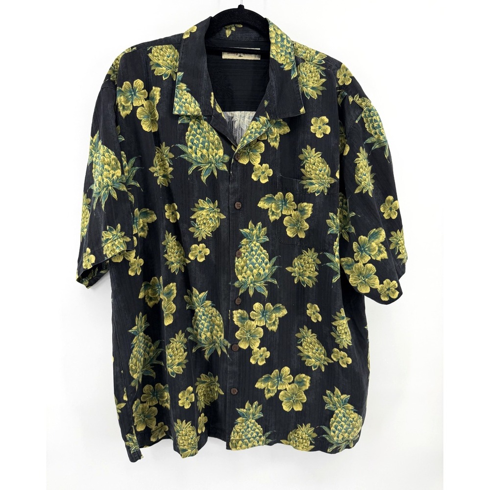 Tommy Bahama Hawaiian Shirt Men XL Black Silk Tropical Pineapple Floral